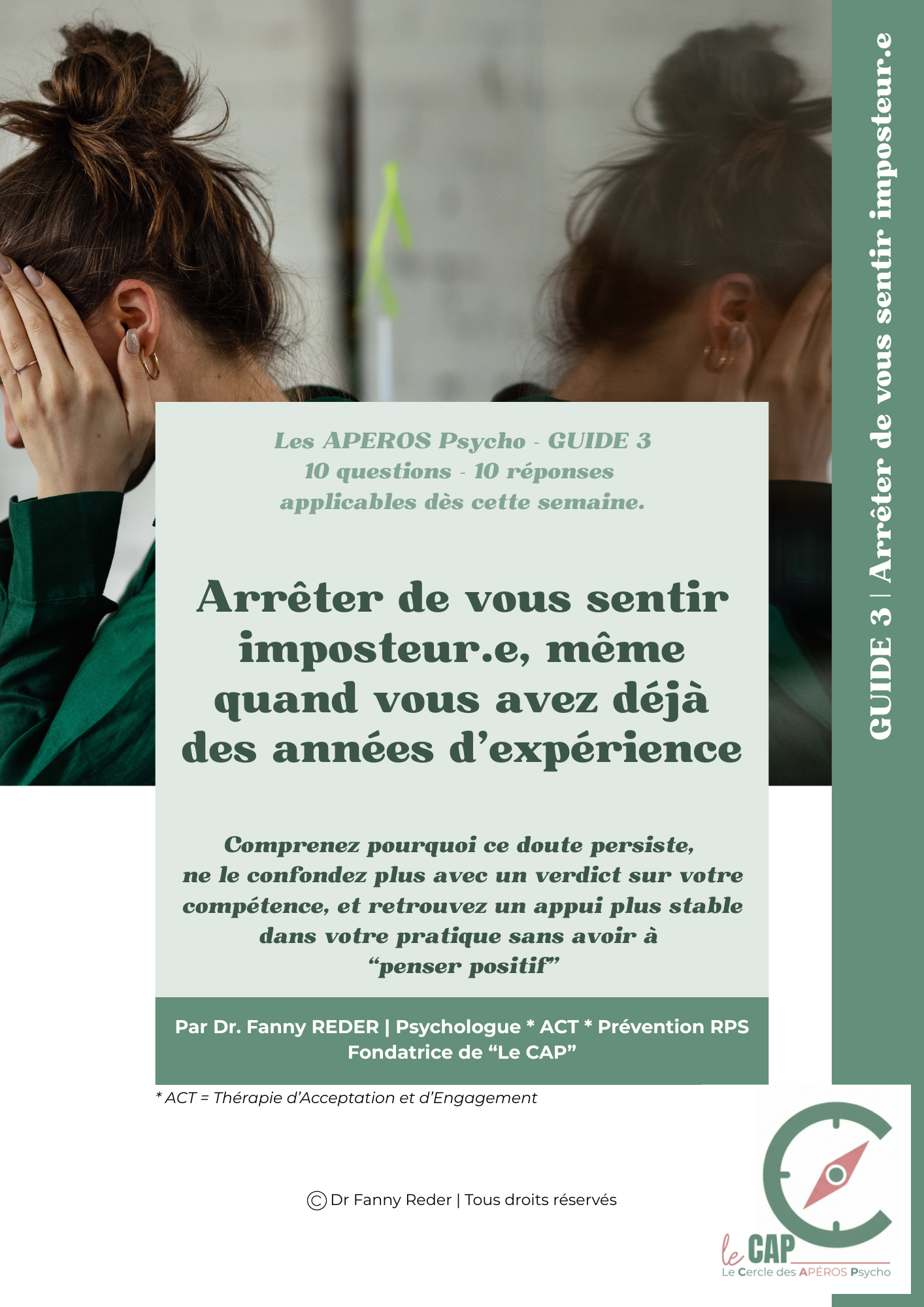 Page de couverture du guide gratuit « Arrêter de vous sentir imposteur·e » de Dr Fanny Reder, sur le syndrome de l'imposteur chez les professionnels de l'accompagnement.